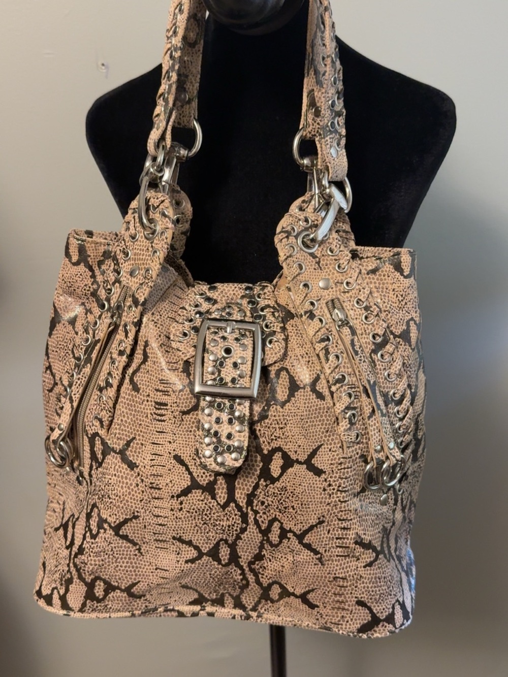 Snake-Print Studded Shoulder Bag in Taupe